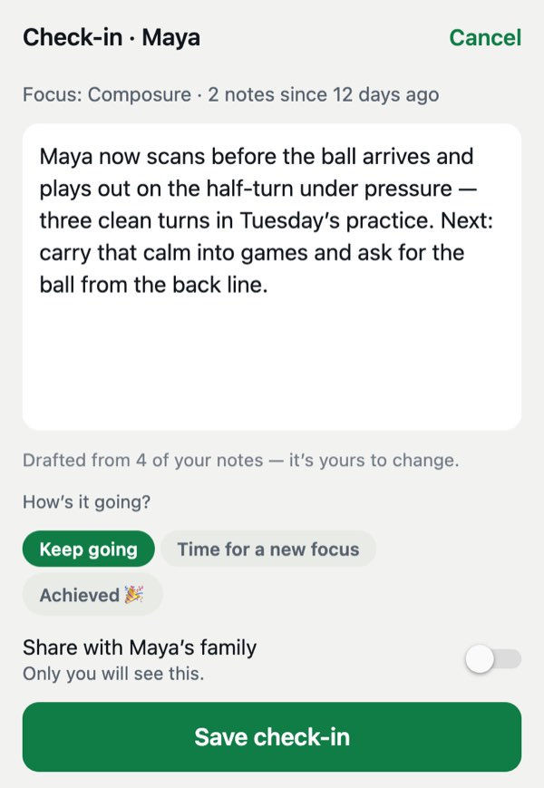 A check-in drafted from four of the coach’s notes, with “Keep going” selected and the “Share with Maya’s family” switch off.