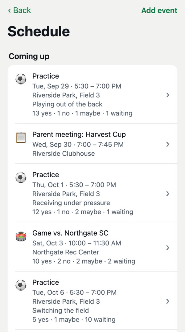Season schedule: themed practices, a parent meeting, games and the Harvest Cup tournament, each with a count of yes, no, maybe and waiting.