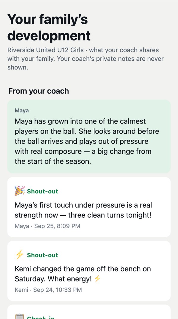 A family’s view: a summary the coach shared about Maya, shout-outs for Maya and her sister Kemi, and a check-in.