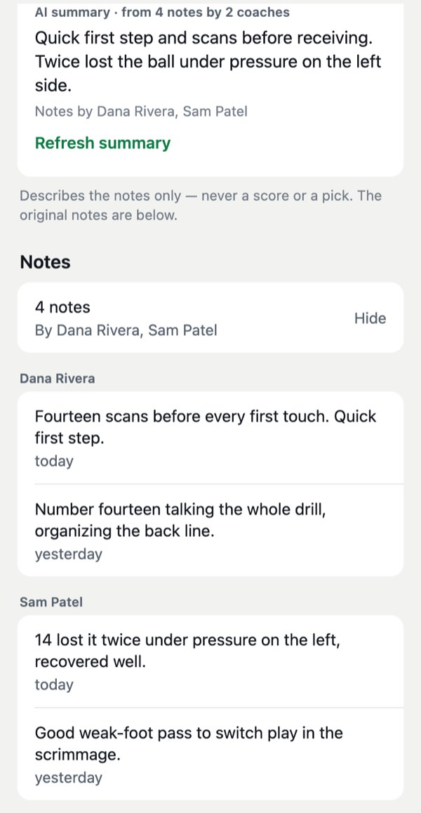 An AI summary for bib 14 “from 4 notes by 2 coaches”, marked “never a score or a pick”, with each coach’s original notes below.